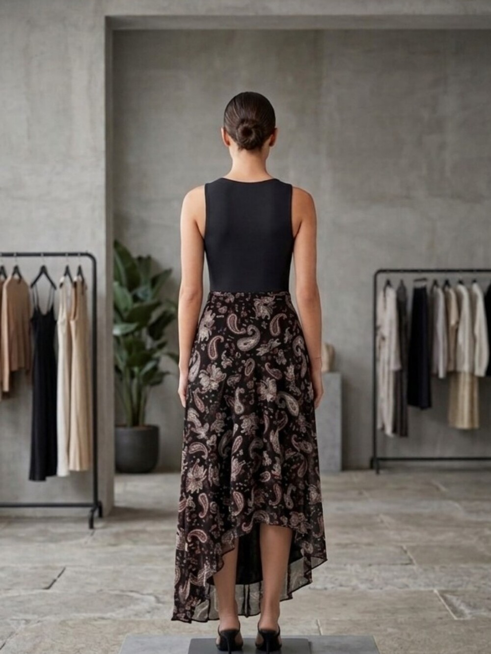 Kathie Lee Collection Black Paisley High-Low Midi Skirt